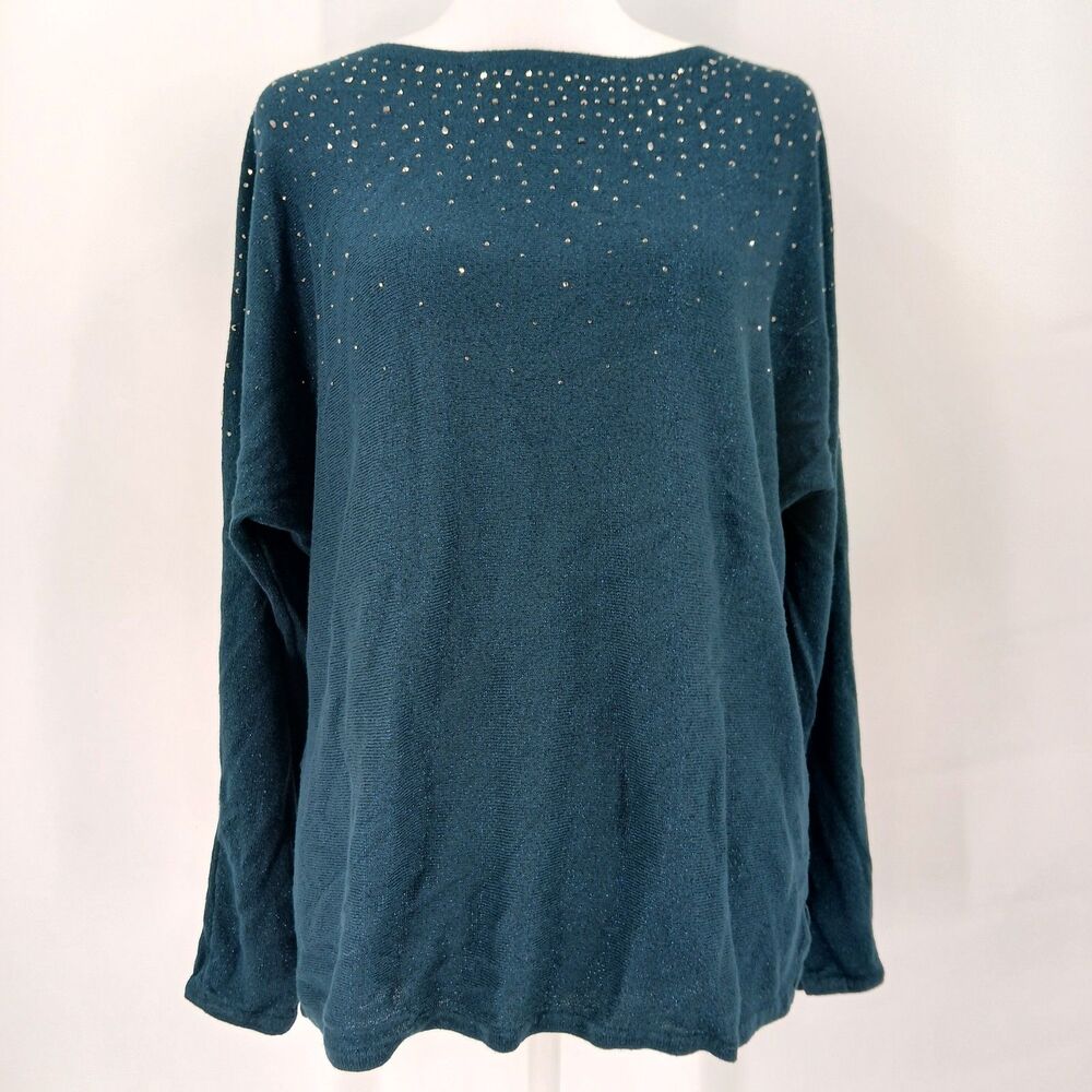Chico's Teal Blue Studded Neckline Long Sleeve Tunic Top Size 2 Large 12/14